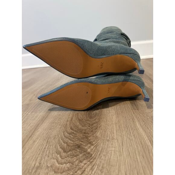 ZARA Slouchy Denim Kitten Heel Boots Size 8.5 – Pointed Toe Mid-Calf Booties - Picture 8 of 10